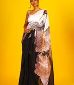 Black & White Aves Blended Georgette Digital Printed Saree