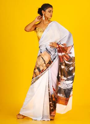 Earthern Sky Line Blended Georgette Digital Printed Saree 1