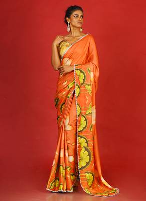 Orange Pool Lotus Blended Linen Satin Digital Printed Saree 1