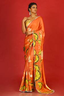 Orange Pool Lotus Blended Linen Satin Digital Printed Saree