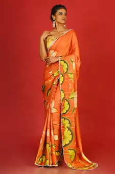 Orange Pool Lotus Blended Linen Satin Digital Printed Saree