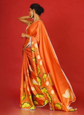 Orange Pool Lotus Blended Linen Satin Digital Printed Saree 2