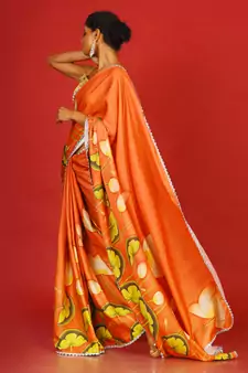 Orange Pool Lotus Blended Linen Satin Digital Printed Saree