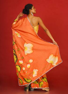 Orange Pool Lotus Blended Linen Satin Digital Printed Saree 3