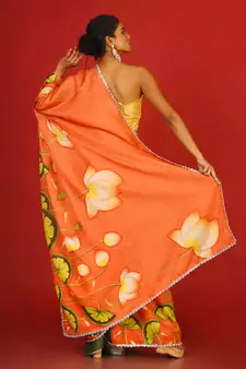 Orange Pool Lotus Blended Linen Satin Digital Printed Saree