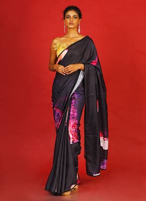 Pink On Black Soul Ages  Blended Linen Satin Digital Printed Saree 1
