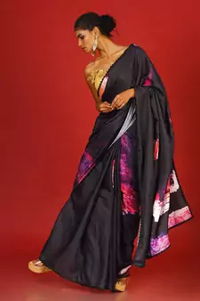Pink On Black Soul Ages  Blended Linen Satin Digital Printed Saree
