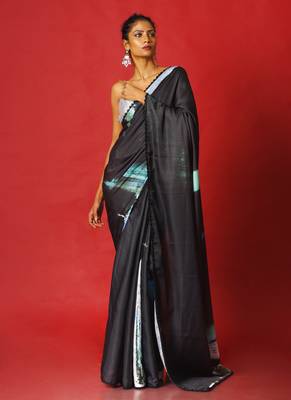 Blue On Black Soul Ages Blended Linen Satin Digital Printed Saree 1