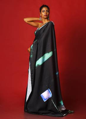 Blue On Black Soul Ages Blended Linen Satin Digital Printed Saree 2