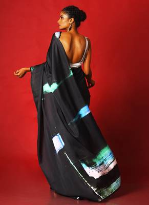 Blue On Black Soul Ages Blended Linen Satin Digital Printed Saree 3