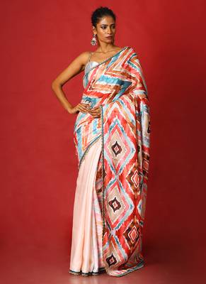 Red & Green Spin Blended Linen Satin Digital Printed Saree 1