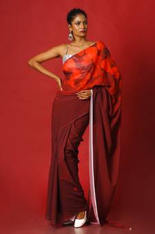 Flirty Maroon Blended Georgette Digital Printed Saree
