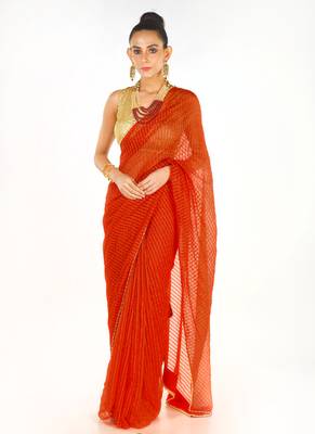 Red Colour Blended Organza Saree With Beeded Lace Border 1
