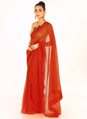 Red Colour Blended Organza Saree With Beeded Lace Border 2