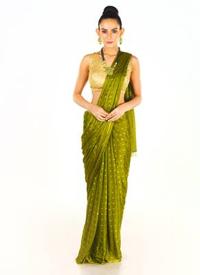 Green Colour Blended Chiffon Saree With Golden Fringe Lace Pallu 1