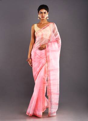 Pink & Magenta Organza Tie  Dye Saree With Golden Border 1