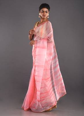 Pink & Magenta Organza Tie  Dye Saree With Golden Border 2