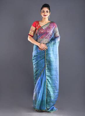 Blue & Green  Organza Tie  Dye Saree With Golden Border 1