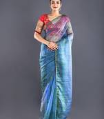 Blue & Green  Organza Tie  Dye Saree With Golden Border
