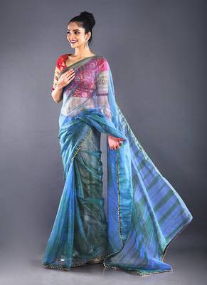 Blue & Green  Organza Tie  Dye Saree With Golden Border 2