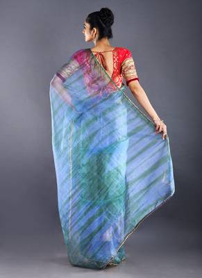 Blue & Green  Organza Tie  Dye Saree With Golden Border 3