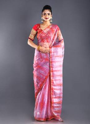 Pink & Red Organza Tie  Dye Saree With Golden Border 1