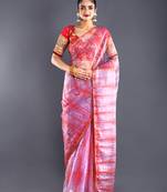 Pink & Red Organza Tie  Dye Saree With Golden Border