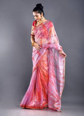 Pink & Red Organza Tie  Dye Saree With Golden Border 2