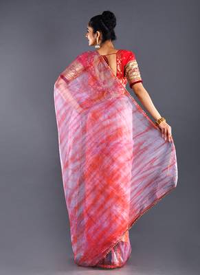 Pink & Red Organza Tie  Dye Saree With Golden Border 3