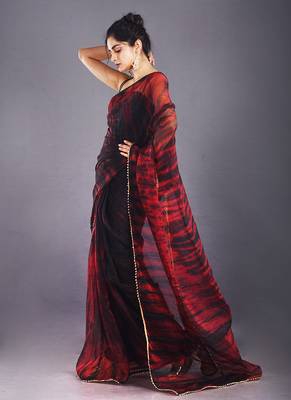 Black & Red Tie & Dye Organza Saree 2