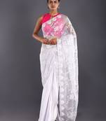 Grey Embroidered Organza Saree With Chiffon