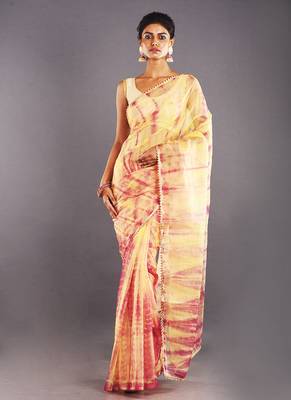 Yellow & Red Tie & Dye Organza Saree 1
