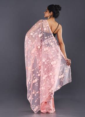 Pink Embroidered Organza Saree With Chiffon 3