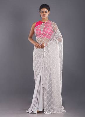 Grey Embroidered Organza Saree With Chiffon 1