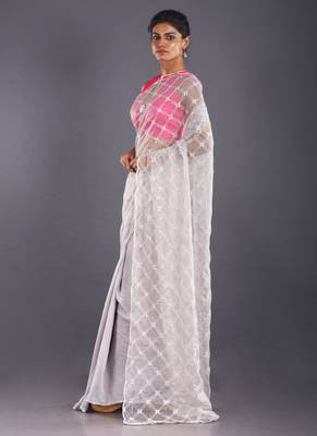 Grey Embroidered Organza Saree With Chiffon 2