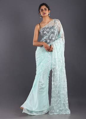 Aqua Blue Embroidered Organza Saree With Chiffon 1