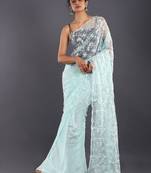Aqua Blue Embroidered Organza Saree With Chiffon