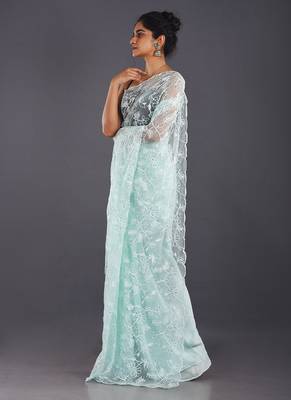 Aqua Blue Embroidered Organza Saree With Chiffon 2