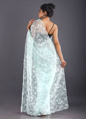 Aqua Blue Embroidered Organza Saree With Chiffon 3