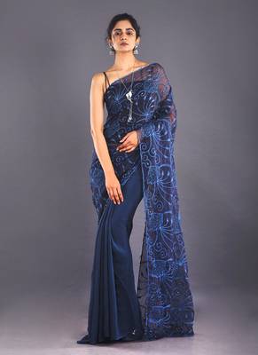 Navy Blue Embroidered Organza Saree With Chiffon 1