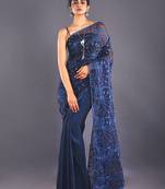 Navy Blue Embroidered Organza Saree With Chiffon
