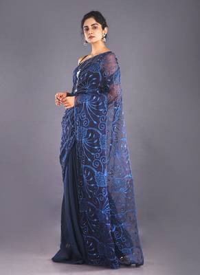 Navy Blue Embroidered Organza Saree With Chiffon 2