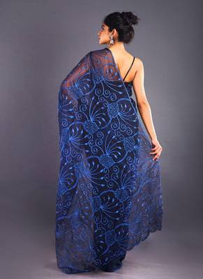 Navy Blue Embroidered Organza Saree With Chiffon 3