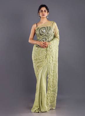 Lime Green  Embroidered Organza Saree With Chiffon 1