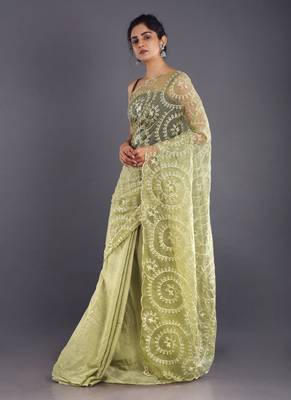 Lime Green  Embroidered Organza Saree With Chiffon 2