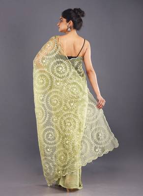 Lime Green  Embroidered Organza Saree With Chiffon 3
