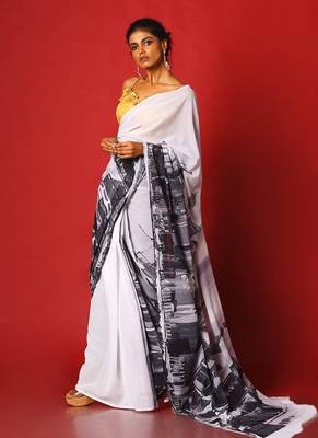 Black & White Sky Line Blended Georgette Digital Printed Saree 1