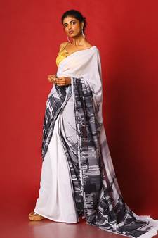 Black & White Sky Line Blended Georgette Digital Printed Saree