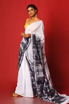Black & White Sky Line Blended Georgette Digital Printed Saree