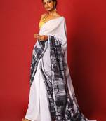 Black & White Sky Line Blended Georgette Digital Printed Saree